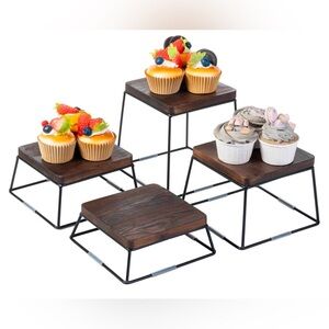 5.8” Square Brown Solid Wood and Matte Black Metal Wire Food Serving Stands